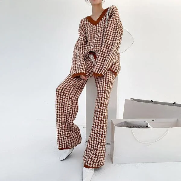 Effortless Outfits Knitting Splicing Plaid New Fashion V-neck Pullover Top Loose Casual Elastic Waist Full Length