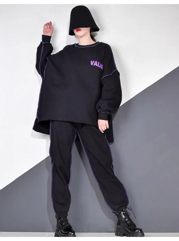 Comfortable And Cold-proof Letter Print Casual Women's Sets Patchwork Striped Side Split Winter Trendy Fashion New O Neck Collar