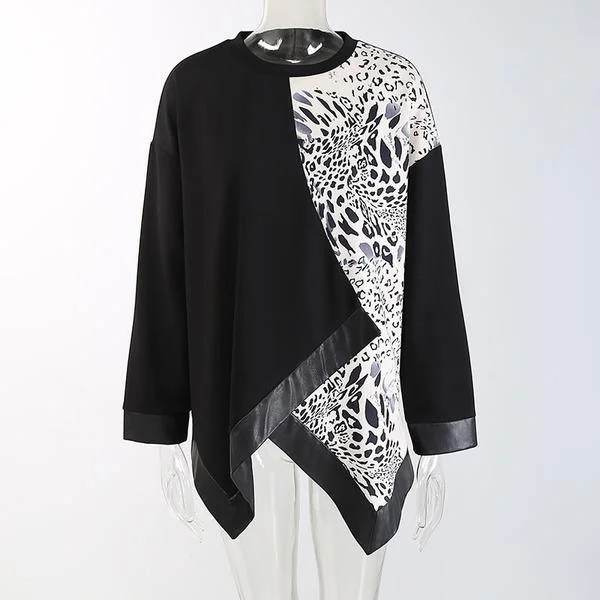 Embroidered Letters Ltopard Patchwork Women Sweatshirt Winter Fashion New Contrast Color O Neck Collar Pullove