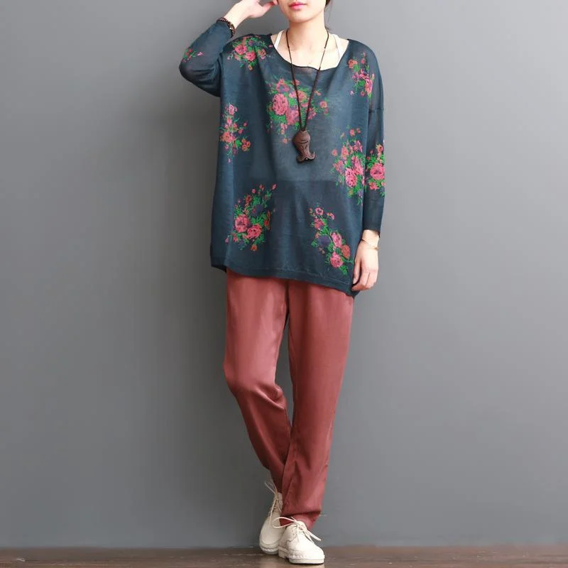 Chic Comfort Wear Navy floral print women blouse for summer loose shirts top