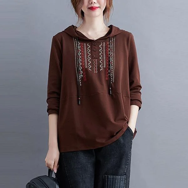 Light Layers New Arrival 2020 Simple Style Vintage Embroidery Loose Female Long Sleeve Hoodies