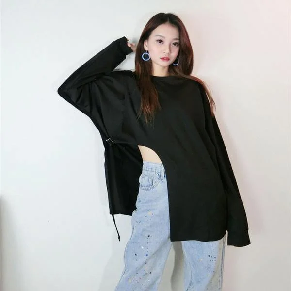 Youthful Street Fashion New Women Hollow Out Split Pleated Full Sleeve Drawstring 2020 Winter Loose Tee Top