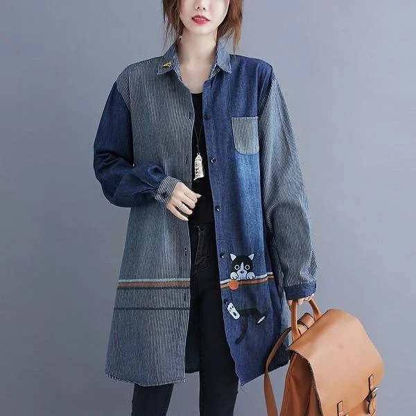 Leisure Sports omychic autumn vintage animal stripe korean style plus size Casual loose denim shirt women blouse 2020 clothes ladies tops
