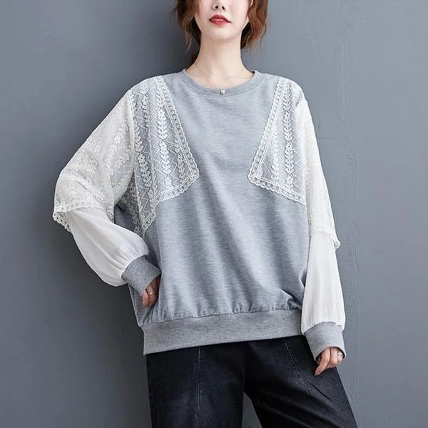 Fashionable Items Oversized Women Casual Sweatshirt New Patchwork Lace Loose Female Pullovers Tops