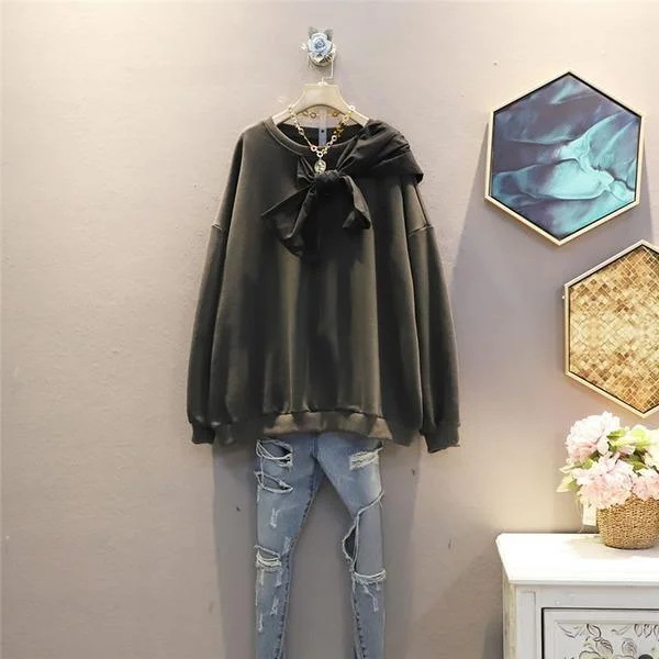 Elegant And Lazy Patchwork Bow Solid Sweatshirt Women  Temperament All Match O Neck Women Clothes