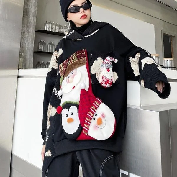 Unique Design Patchwork Cartoon Print Pattern Hoodie  Casual Fashion Style Temperament All Match Women Clothes