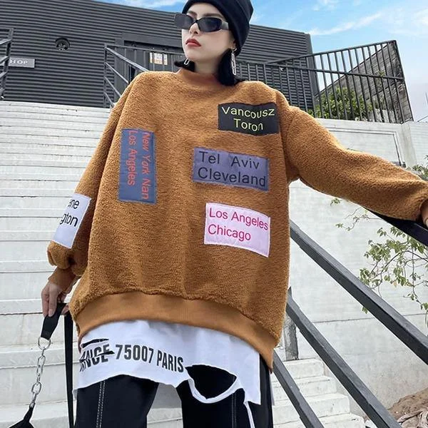 Unique Design Patchwork Letter Print Pattern Sweatshirt  Winter  Style Temperament All Match Sweatshirt