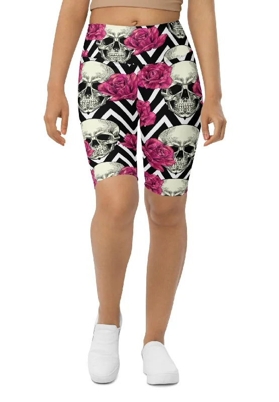 European And American Style Pink Roses and Skulls Biker Shorts