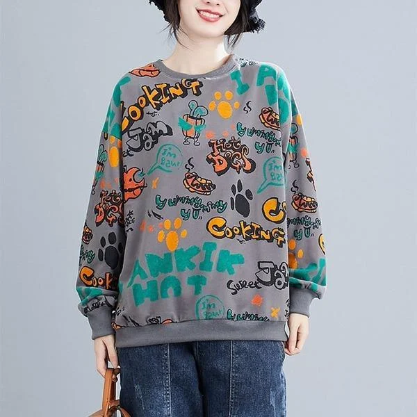 Elegant Dressing Print O-neck Loose Female Long Sleeve Cotton Tops