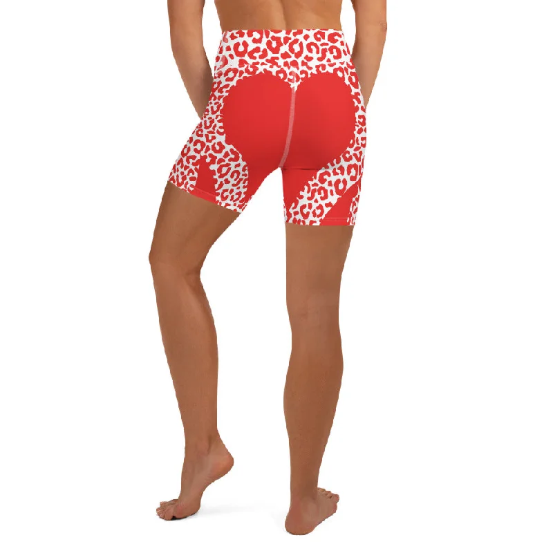 Relaxed Fashion Red Leopard Heart Shaped Yoga Shorts