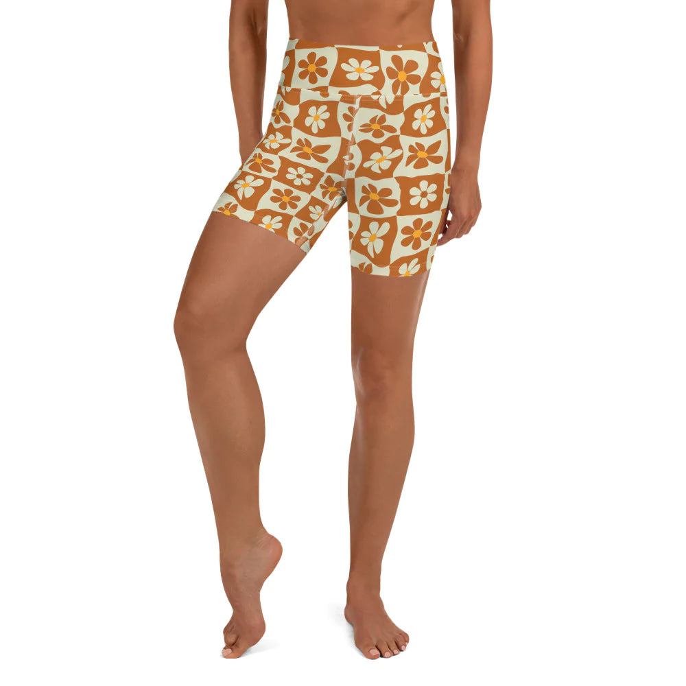 Cozy Apparel Retro Flower Checkerboard Yoga Shorts