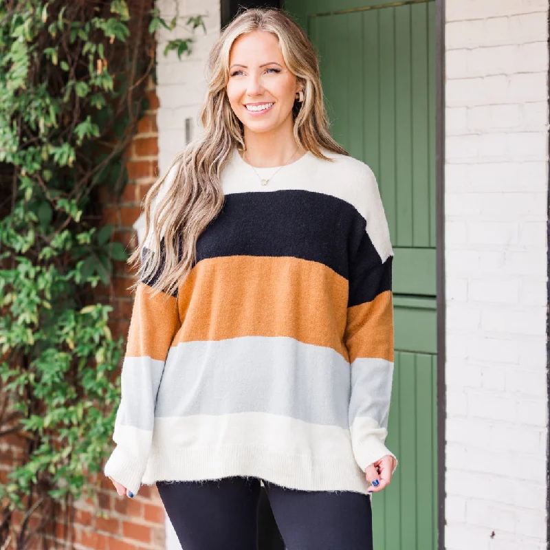 Carefree Spice Latte Stripe Sweater, Black-Mustard