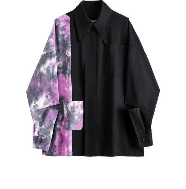 Mid-length Style Splicing Contrast Color Turn Down Collar Loose Personality Women Top