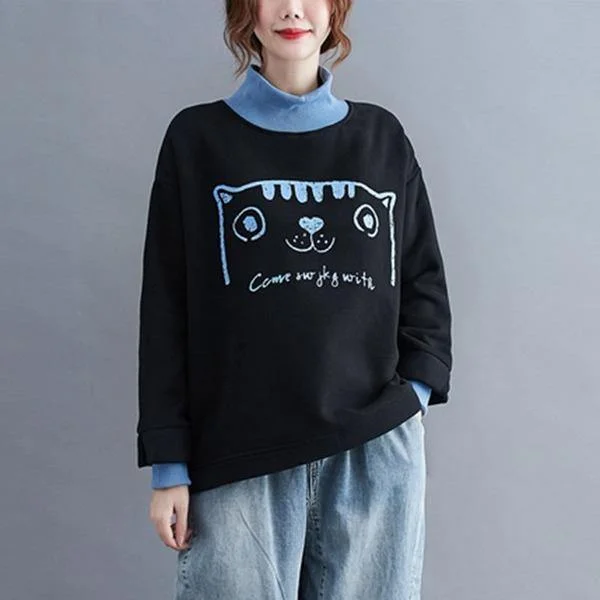 Easy Comfort Style Style Cartoon Print Turtleneck Loose Female Pullovers Hoodies