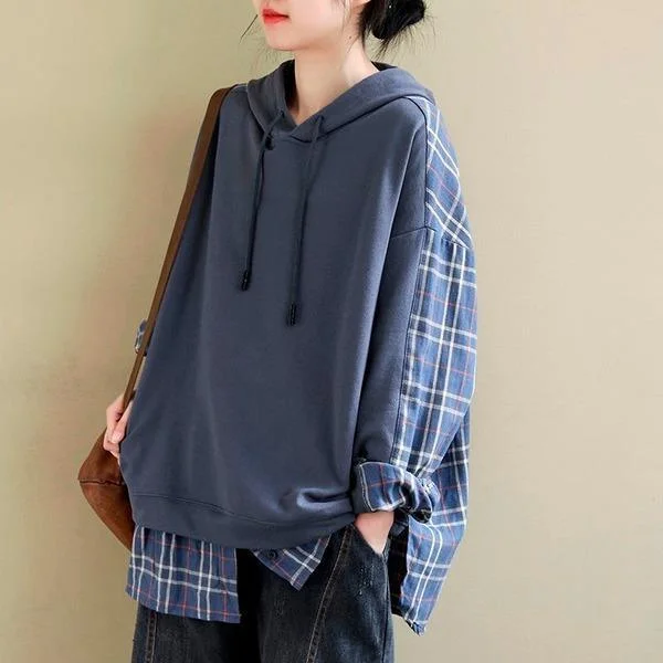 Sporty Elegance Style Plaid Patchwork Female Hooded Pullovers