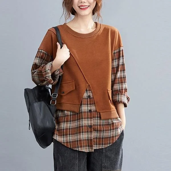 Comfort Fit Style Vintage Plaid Patchwork Loose Ladies Pullovers Hoodies