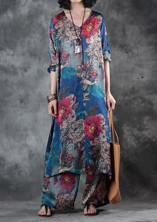 Cozy Fit Wear Summer Blue Prints Cotton Blended Side Open Tops And Elastic Waist Wide Leg Pants Two Pieces