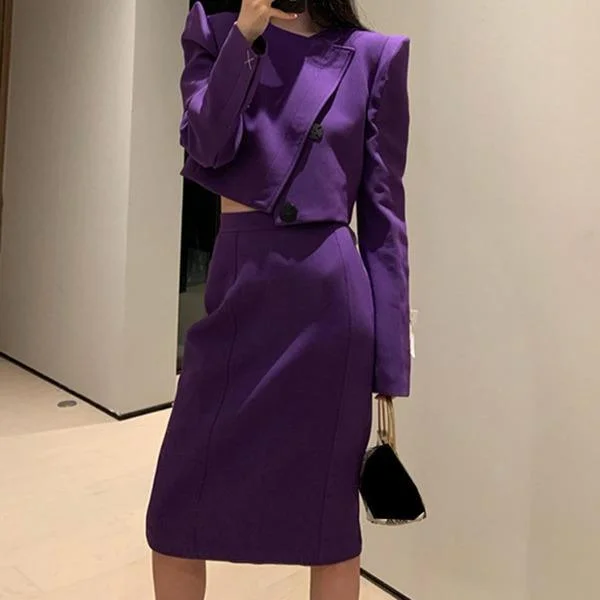 Denim Design Tassel Patchwork Women's Sets Purple Trendy Fashion  Korean Elegant O Neck Collar Long Sleeve Single Breasted