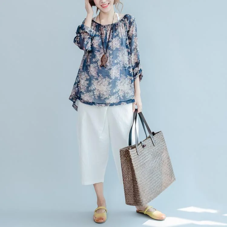 Soft Trends The old memories Navy floral cotton shirts thin long sleeve blouses cotton tops