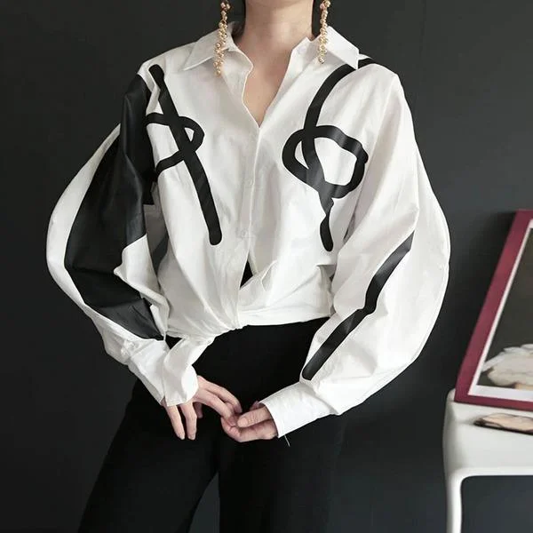 Casual Style Turn Down Collar Long Lantern Sleeve Personality Single Breasted