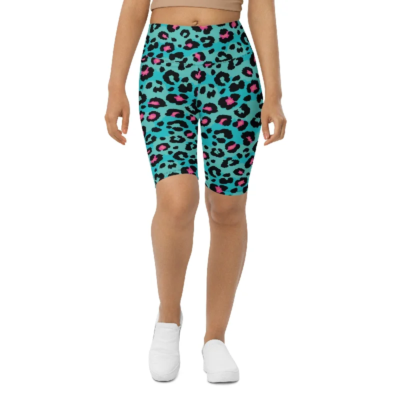 Comfortable Design Turquoise Leopard Print Biker Shorts