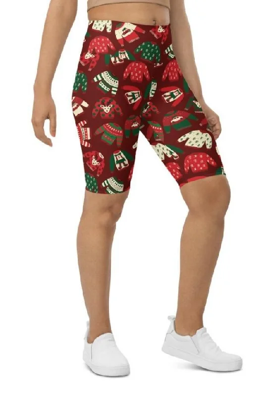 Exquisite Embroidery Ugly Christmas Sweater Pattern Biker Shorts