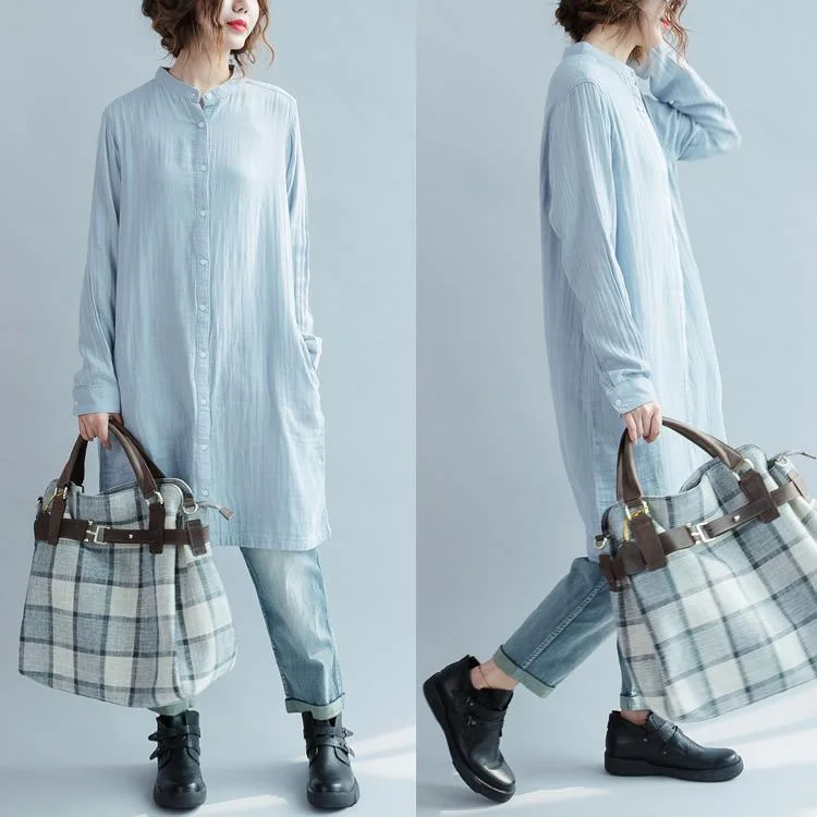 Stylish Casuals Vintage light blue cotton dresses oversize shift dress womens long sleeve cotton shirt