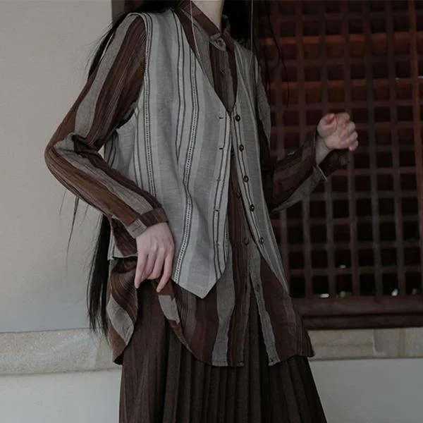 Simple And Comfortable Vintage Striped Patchwork Vest Women Winter V Neck Top