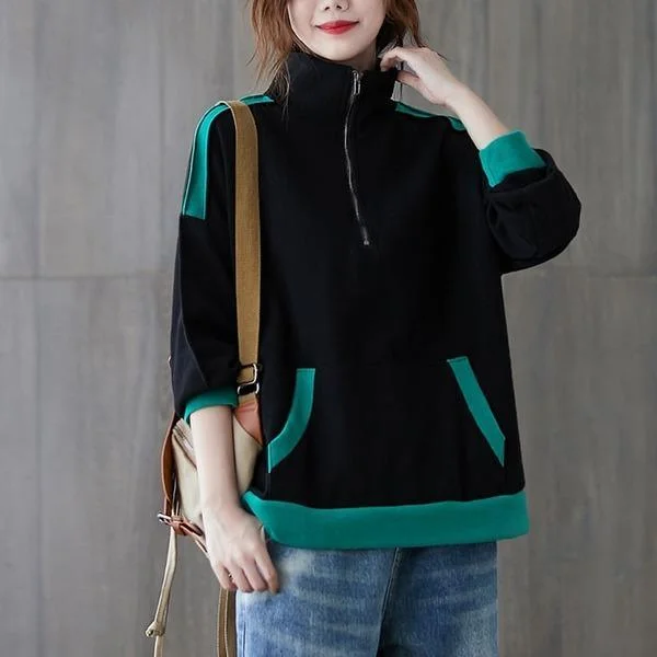 Light Fit Winter Simple Style Vintage Turtleneck Loose Female Cotton Pullovers Hoodies