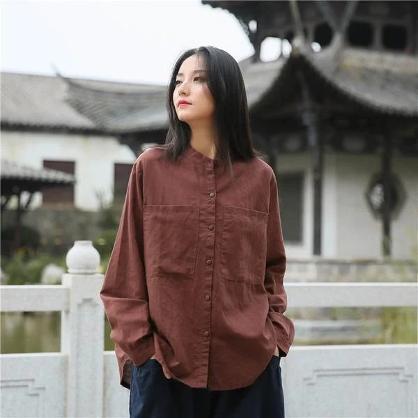 Relaxed Fits Women Autumn Cotton Linen Blouse Tops Ladies Loose Vintage Shirt