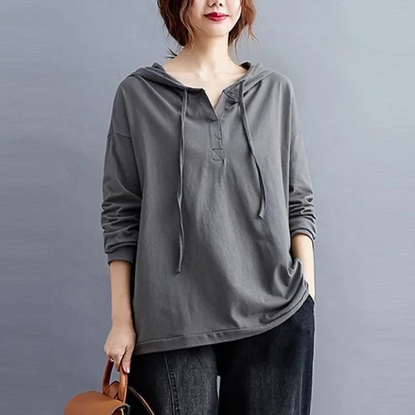 Relaxed Fashion Women Cotton Casual Hoodies Solid Color Loose Female Long Sleeve Hooded Sweatshirt
