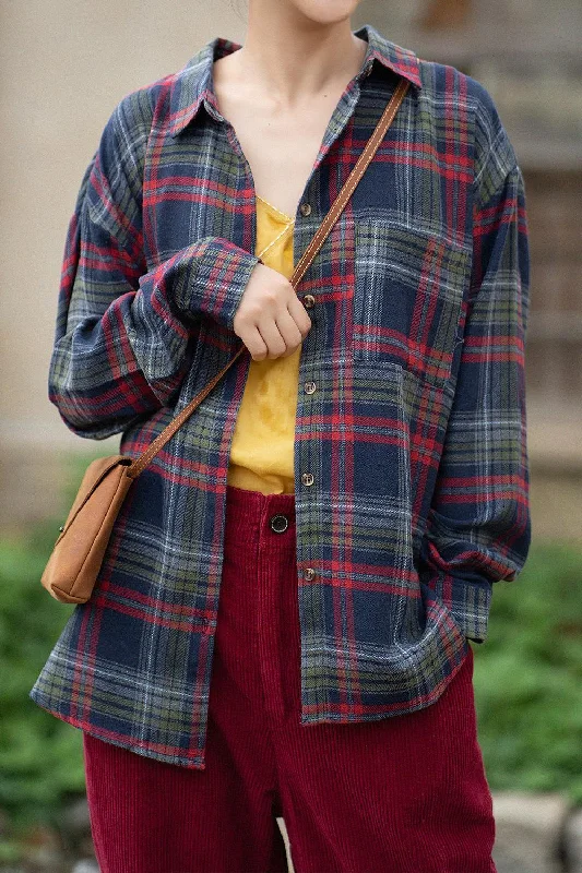 Stylish Fit Women Loose Plaid Cotton Linen Blouse Shirt Tops