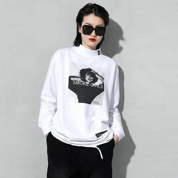 Single-shoulder Neck Design Women Pullover Full Sleeve Goddess Fan Casual Style 2020 Winter Hole Minority Tee Top